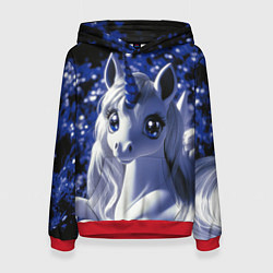 Толстовка-худи женская Единорог - синий рог, цвет: 3D-красный