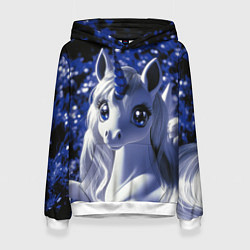 Толстовка-худи женская Единорог - синий рог, цвет: 3D-белый