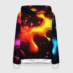 Толстовка-худи женская Радужные кляксы на черном фоне, цвет: 3D-белый