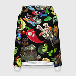 Толстовка-худи женская Растения против зомби персонажи на черном, цвет: 3D-белый