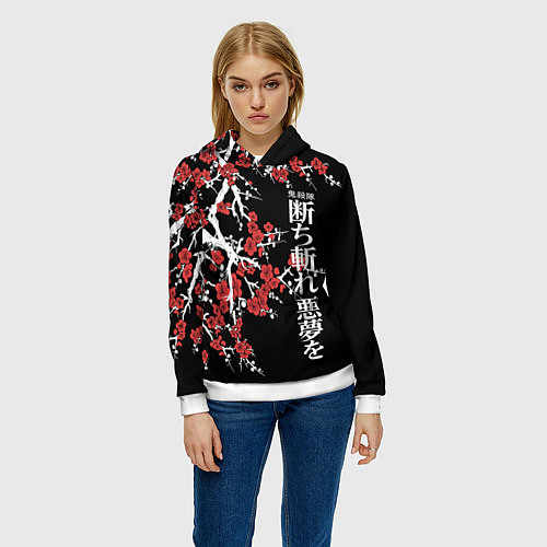 Женская толстовка Корпус бойни демонов - цветущая сакура / 3D-Белый – фото 3