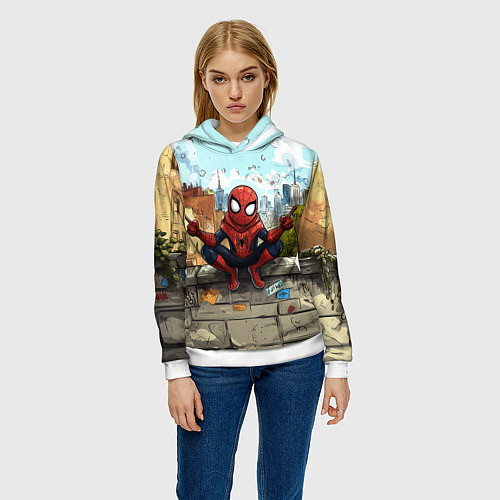 Женская толстовка Маленький человек-паук в городе / 3D-Белый – фото 3