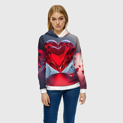 Женская толстовка Хрустальное красное сердце на сером фоне с боке / 3D-Белый – фото 3