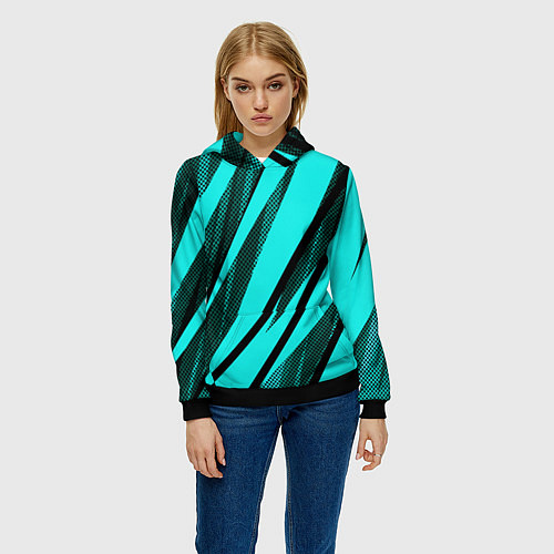 Женская толстовка Неоновый голубой с чёрным абстракция с полосами / 3D-Черный – фото 3