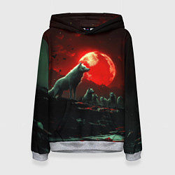 Толстовка-худи женская Белый волк на фоне красной луны, цвет: 3D-меланж