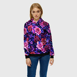 Толстовка-худи женская Разноцветные цветы - синие розы паттерн, цвет: 3D-черный — фото 2