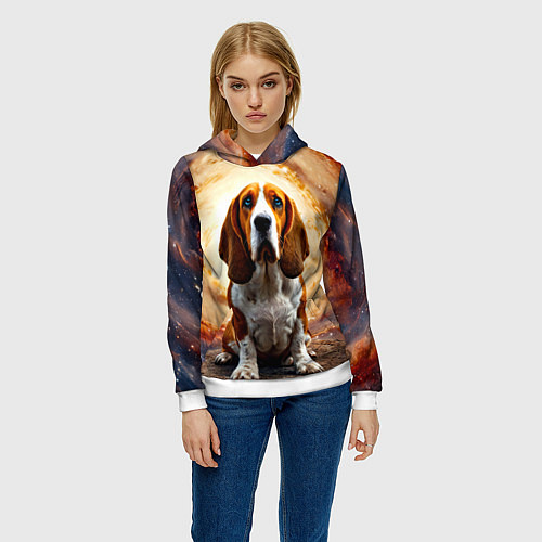 Женская толстовка Бассет-хаунд в космосе / 3D-Белый – фото 3
