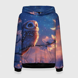 Толстовка-худи женская Сова на фоне ночного неба, цвет: 3D-черный
