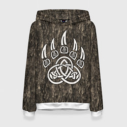 Толстовка-худи женская Символ Велеса - лапа медведя в текстуре древа, цвет: 3D-белый
