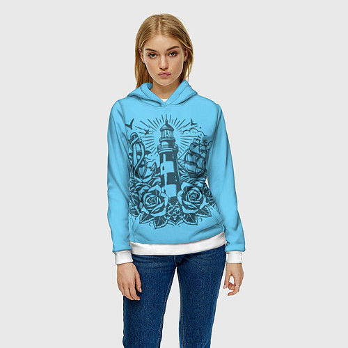 Женская толстовка Маяк с розами и кораблем / 3D-Белый – фото 3