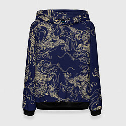 Толстовка-худи женская Золотые драконы на синем, цвет: 3D-черный