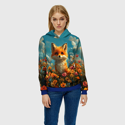Женская толстовка Лисица в цветочном поле / 3D-Синий – фото 3