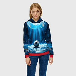 Толстовка-худи женская Футбольный мяч в синем, цвет: 3D-красный — фото 2