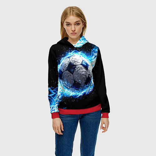 Женская толстовка Футбольный мяч в синем пламени / 3D-Красный – фото 3
