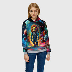 Толстовка-худи женская Лев бравый космонавт - неоновый космос, цвет: 3D-меланж — фото 2