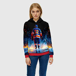 Толстовка-худи женская Хоккеист в синем пламени, цвет: 3D-красный — фото 2