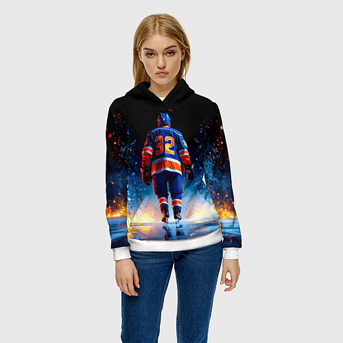 Женская толстовка Хоккеист в синем пламени / 3D-Белый – фото 3
