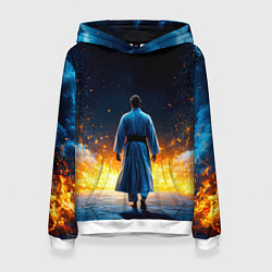 Толстовка-худи женская Айкидоист в огне и синий дым, цвет: 3D-белый