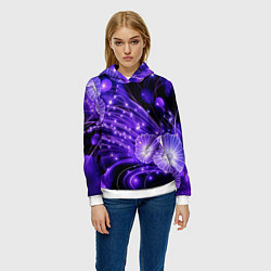 Толстовка-худи женская Силуэты цветов на темном фоне - фиолетовое свечени, цвет: 3D-белый — фото 2