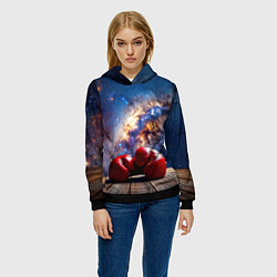 Толстовка-худи женская Боксерские перчатки в космосе, цвет: 3D-черный — фото 2
