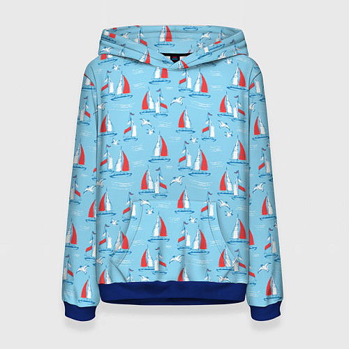 Женская толстовка Морской паттерн с парусными лодками и чайками / 3D-Синий – фото 1
