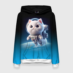 Толстовка-худи женская Милый белый котёнок космонавт, цвет: 3D-белый