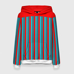 Толстовка-худи женская Красно синий комбинированный узор с полосами, цвет: 3D-белый