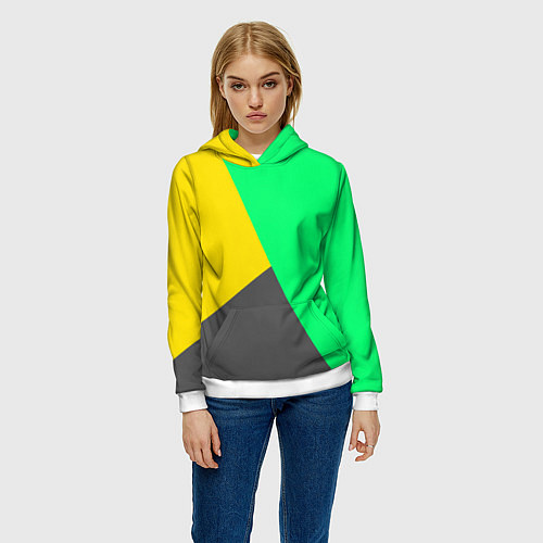 Женская толстовка Жёлто-серо-зелёный трёхцветный / 3D-Белый – фото 3