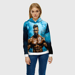 Толстовка-худи женская Бодибилдер в синем дыму, цвет: 3D-белый — фото 2