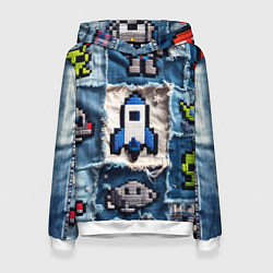 Толстовка-худи женская Космический пиксельный корабль, цвет: 3D-белый