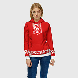 Толстовка-худи женская Славянский узор на красном - вышиванка рубаха крас, цвет: 3D-белый — фото 2