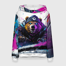 Толстовка-худи женская Злой медведь и краски, цвет: 3D-белый
