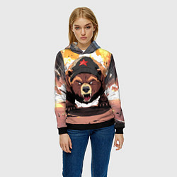 Толстовка-худи женская Злой русский медведь с пилоткой на голове, цвет: 3D-черный — фото 2
