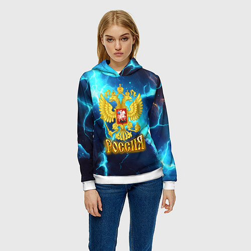 Женская толстовка Россия герб на синих молниях / 3D-Белый – фото 3