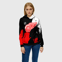 Толстовка-худи женская Детройт Ред Уингз - брызги краска на черном фоне, цвет: 3D-черный — фото 2