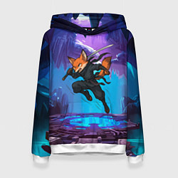 Толстовка-худи женская Лис ниндзя в прыжке, цвет: 3D-белый