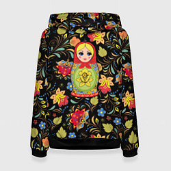 Толстовка-худи женская Хохломская роспись с русской матрёшкой, цвет: 3D-черный