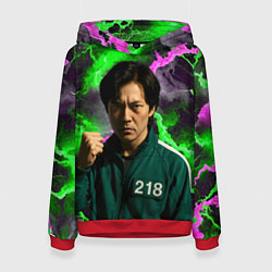 Толстовка-худи женская Игра в кальмара - игрок 218 с кулаком, цвет: 3D-красный