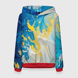 Толстовка-худи женская Масляные краски, брызги, желтые белые синие цвета, цвет: 3D-красный