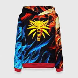 Толстовка-худи женская Ведьмак огненное лого в огне, цвет: 3D-красный