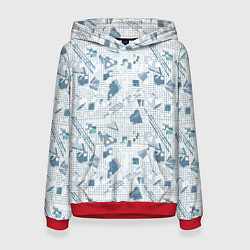 Толстовка-худи женская Мемфис синий с серым клетчатый геометрический узор, цвет: 3D-красный