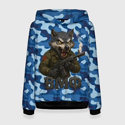 Толстовка-худи женская Волк стреляет из автомата ВМФ, цвет: 3D-черный