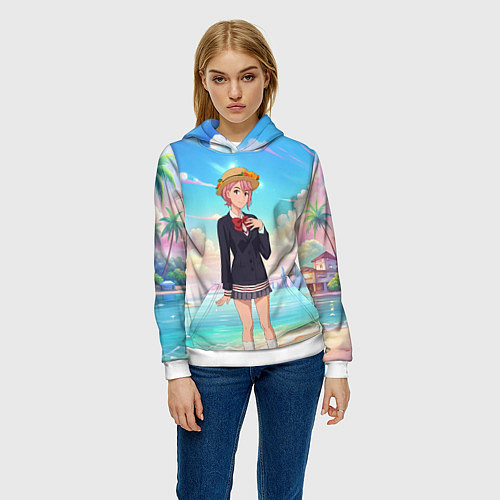 Женская толстовка Дандадан Сиратори Айра на берегу моря / 3D-Белый – фото 3