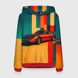 Толстовка-худи женская Спорткар ретрофутуризм поп-арт 1970-е, цвет: 3D-красный
