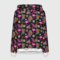 Толстовка-худи женская Фламинго и листья на темно-синем, цвет: 3D-белый