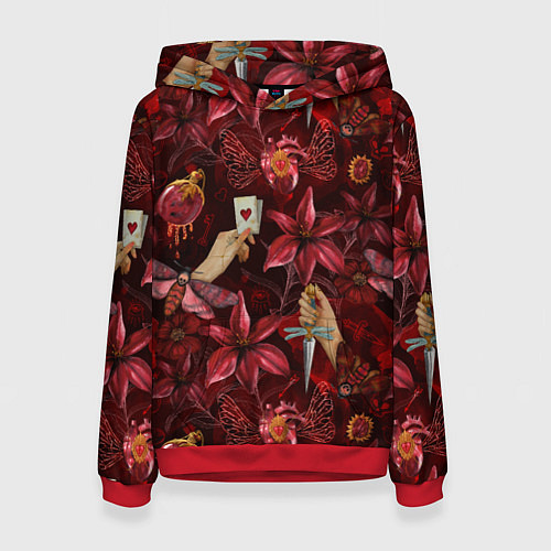 Женская толстовка Бордовая готика с сердцем, лилиями и мотыльками / 3D-Красный – фото 1