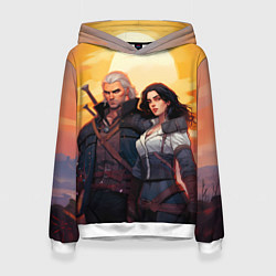 Толстовка-худи женская Йеннифэр и Ведьмак на фоне заката, цвет: 3D-белый