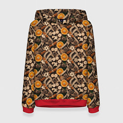 Толстовка-худи женская Новогодний орнамент с корицей и дольками апельсина, цвет: 3D-красный