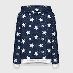 Толстовка-худи женская Белые кольца и звезды на синем, цвет: 3D-белый
