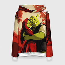 Толстовка-худи женская Шрек и Фиона обнимаются в осеннем лесу, цвет: 3D-белый
